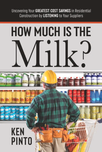 Front cover: How Much Is the Milk? by Ken Pinto — a builder in a hard hat studies a supermarket dairy case
